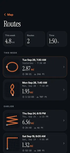 The Routes list: past routes with their outlines, distances, times and climbs