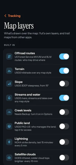 Yut's Map layers page, with a switch for each layer: offroad routes, terrain, slope, streams, creek levels, public land, lightning, clouds, fires and imported trail maps